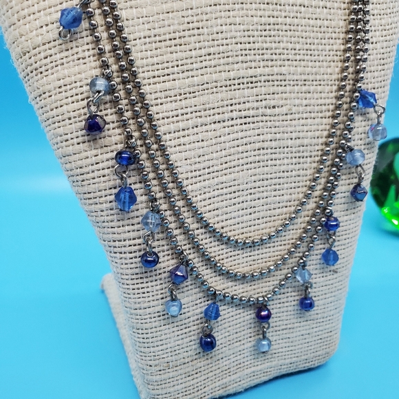Charming Charlie Jewelry - Silvertone 3 strand blue bead crystal dangles necklace Boho Gypsy Festival